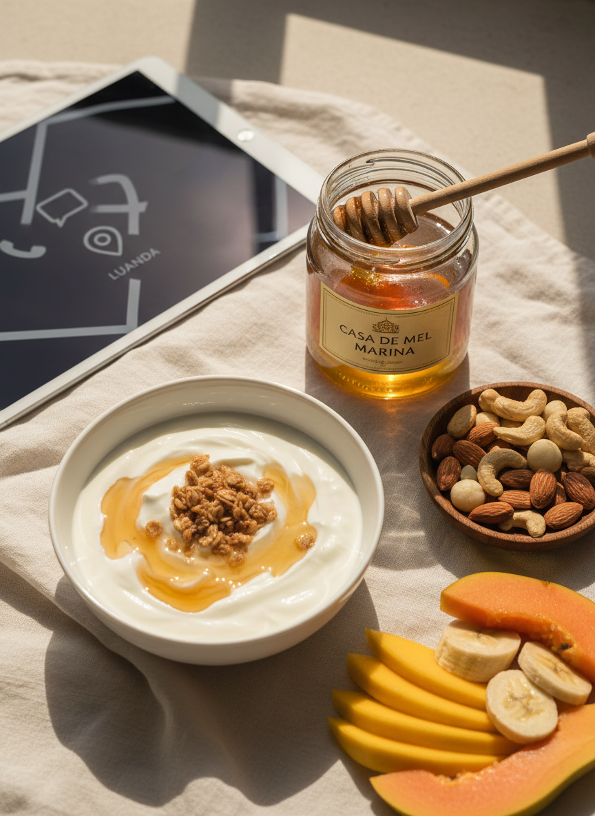 A high-end photographic realism flat lay of a “healthy morning in Luanda” themed setup featuring Casa de Mel Marina honey as the centerpiece. A glass jar of honey with an open lid and a honey dipper rests on a linen cloth, surrounded by a bowl of plain yogurt drizzled with honey, a small dish of mixed nuts, and slices of tropical fruit. In one corner, a tablet displaying a simple contact screen with abstract icons for phone, message, and a map pin referencing Luanda is slightly out of focus. Soft, natural window light from the top left casts gentle shadows, creating a serene, professional, and health-focused mood with balanced composition and clear product emphasis.