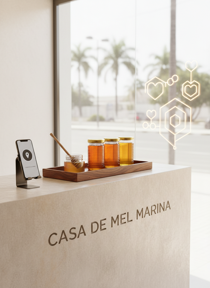 A clean, photographic realism scene of a minimalist consultation counter for Casa de Mel Marina, designed to encourage inquiries and purchases of honey products. On the counter, a small, curated selection of honey jars and a single, open sample jar sit beside an elegant honey dipper, all arranged on a polished wooden tray. Behind them, a large glass window reveals a soft, out-of-focus view of Luanda streets and subtle, abstract health-themed graphics like stylized hearts and shields, evoking wellness benefits. A modern smartphone dock and a discrete map icon suggest easy contact and ordering. Bright, diffused daylight fills the scene, with an eye-level composition and professional, reassuring atmosphere.