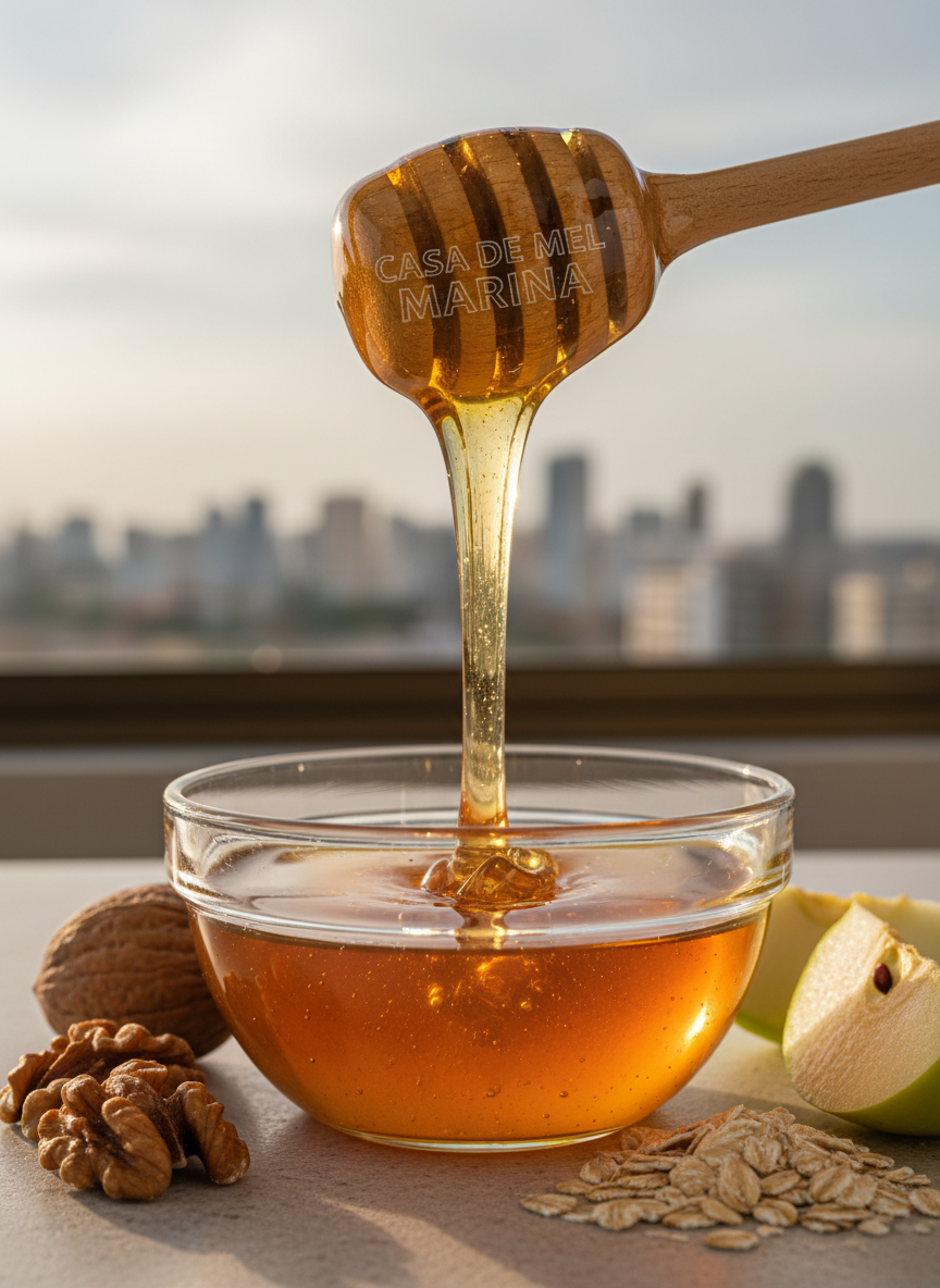 A macro, photographic realism image of thick, golden honey from Casa de Mel Marina slowly streaming from a wooden honey dipper into a clear glass bowl, with individual viscous strands catching the light. Around the bowl, neatly arranged natural ingredients such as walnuts, oats, and a crisp green apple suggest wholesome nutrition and health support. The scene is set on a light stone countertop near a window overlooking a soft, blurred hint of Luanda’s skyline. Warm late-afternoon sunlight creates glowing highlights and gentle shadows, with a shallow depth of field isolating the honey as the hero. The composition is clean, modern, and highly appetizing, ideal for promoting quality and well-being.